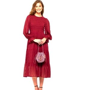 August Sky Burgundy Textured Smocked Midi Dress Size M NWOT Prairie